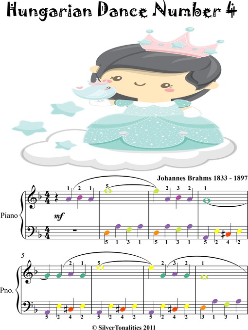 Title details for Hungarian Dance Number 4 Easy Piano Sheet Music with Colored Notes by Johannes Brahms - Wait list